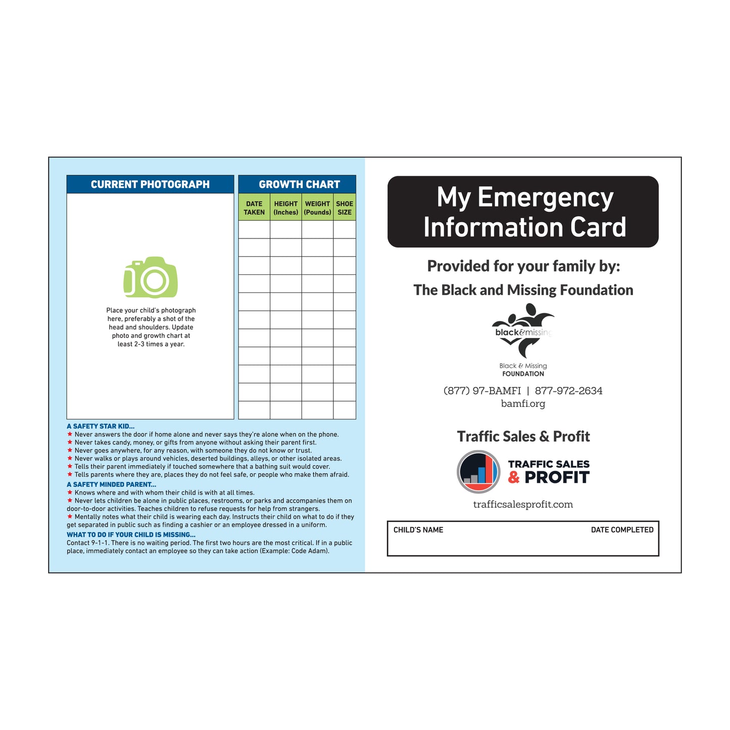 Black and Missing Foundation/Traffic Sales and Profit Free Child ID Kits
